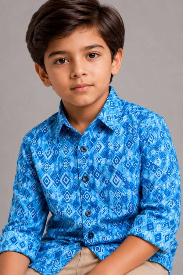 Boys' Trendy Blue Geometric Print Button-Down Shirt - Image 3