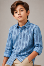 Boys' Stylish Blue Striped Button-Up Shirt & Khaki Chinos Ensemble - Image 2