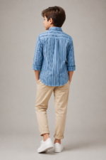 Boys' Stylish Blue Striped Button-Up Shirt & Khaki Chinos Ensemble - Image 3