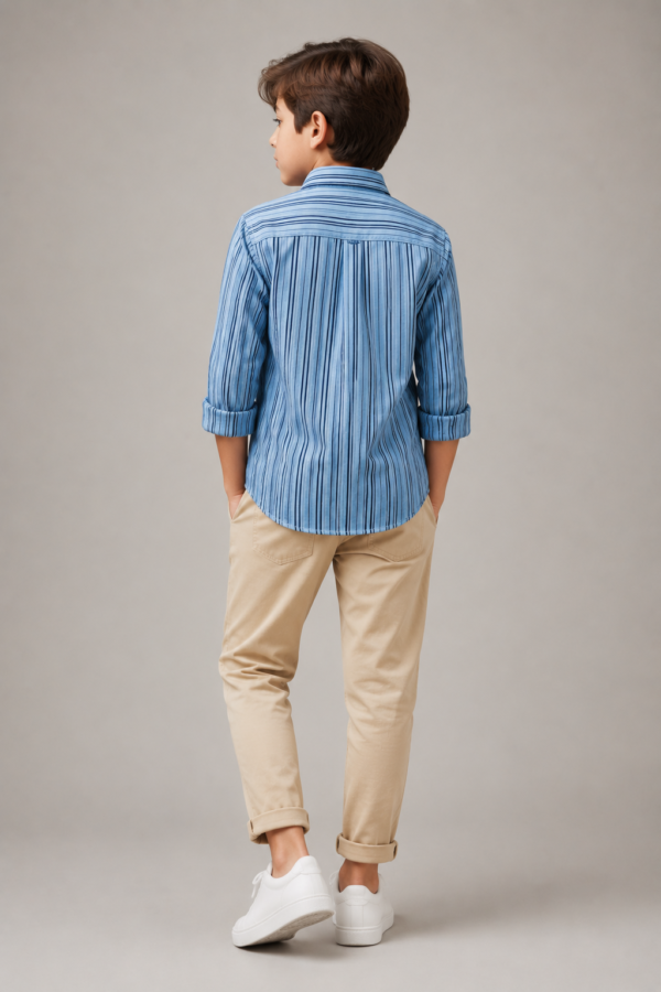 Boys' Stylish Blue Striped Button-Up Shirt & Khaki Chinos Ensemble - Image 3
