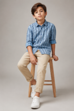 Boys' Stylish Blue Striped Button-Up Shirt & Khaki Chinos Ensemble - Image 4