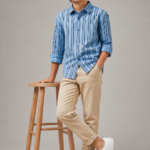 Boys' Stylish Blue Striped Button-Up Shirt & Khaki Chinos Ensemble