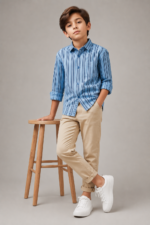 Boys' Stylish Blue Striped Button-Up Shirt & Khaki Chinos Ensemble