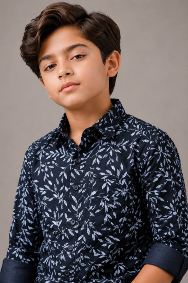 Boys' Navy Leaf Print Smart-Casual Button-Down Shirt - Image 4