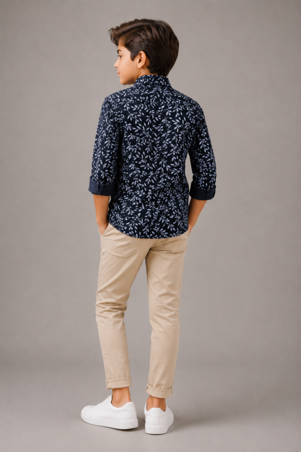 Boys' Navy Leaf Print Smart-Casual Button-Down Shirt - Image 5