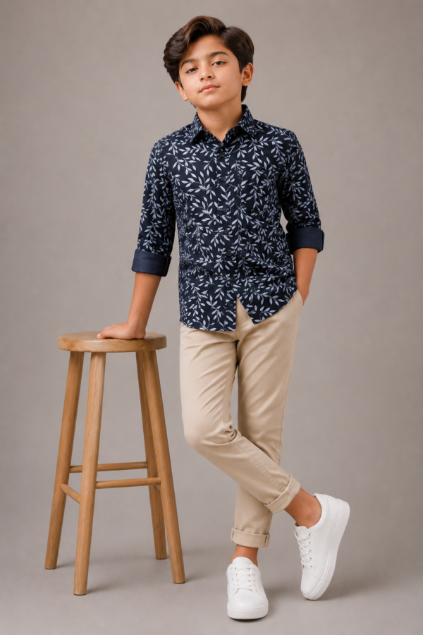 Boys' Navy Leaf Print Smart-Casual Button-Down Shirt - Image 3