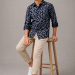 Boys' Navy Leaf Print Smart-Casual Button-Down Shirt