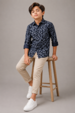 Boys' Navy Leaf Print Smart-Casual Button-Down Shirt
