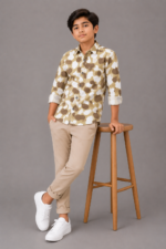 Boys' Modern Camo Button-Down Shirt | Khaki & Brown Abstract Print Top - Image 2
