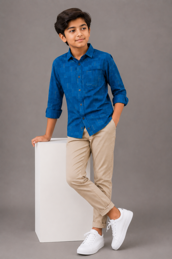Boys' Trendy Blue Grid Pattern Casual Shirt - Image 2