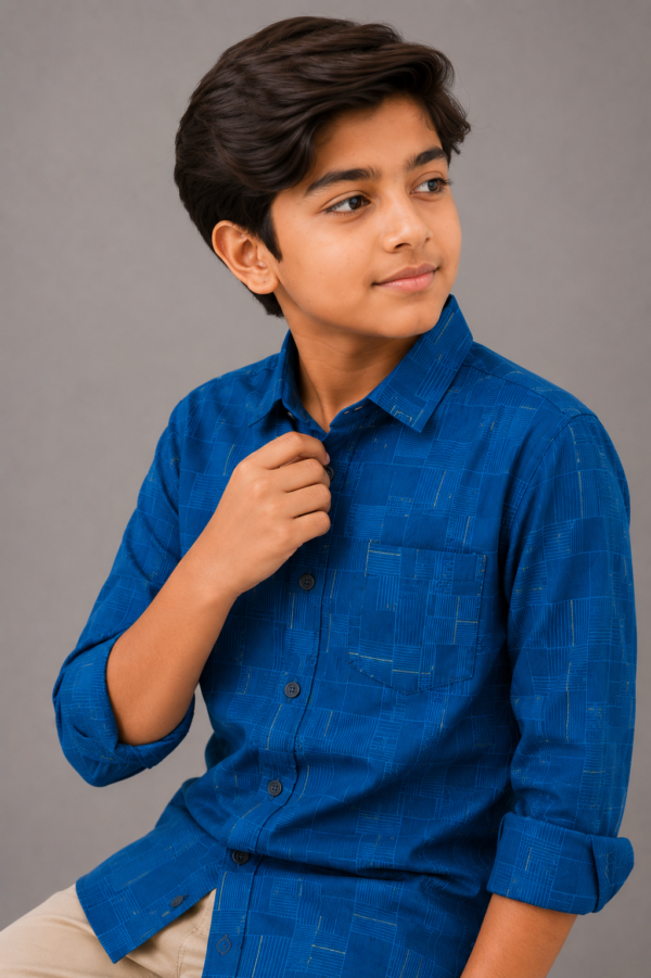 Boys' Trendy Blue Grid Pattern Casual Shirt - Image 3