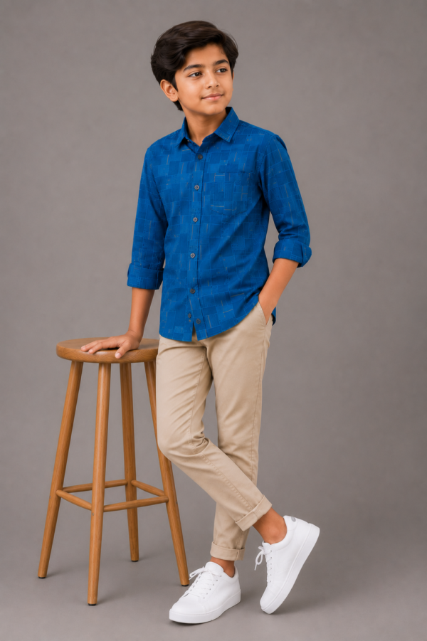 Boys' Trendy Blue Grid Pattern Casual Shirt - Image 4