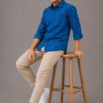 Boys' Trendy Blue Grid Pattern Casual Shirt