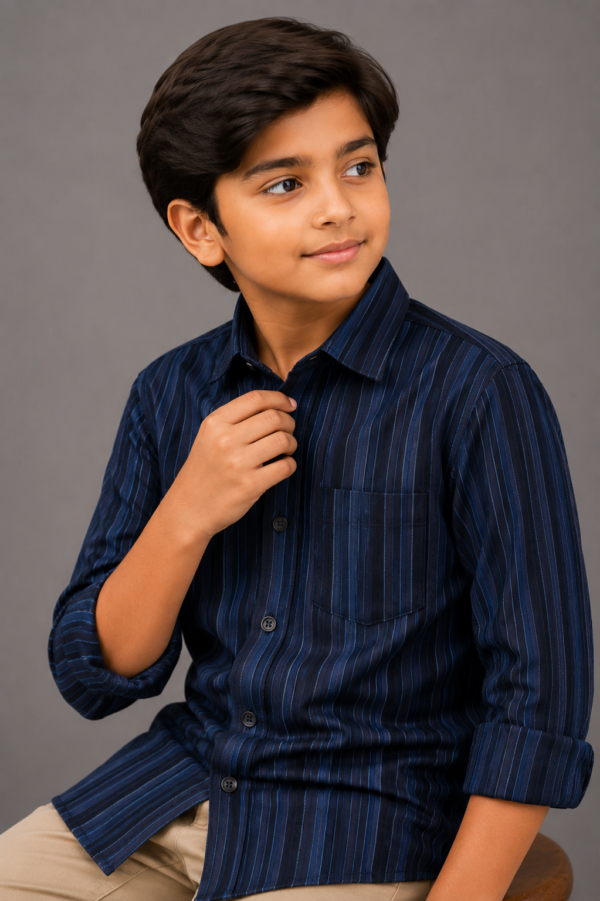 Boys' Navy Blue Vertical Striped Button-Down Shirt - Image 2