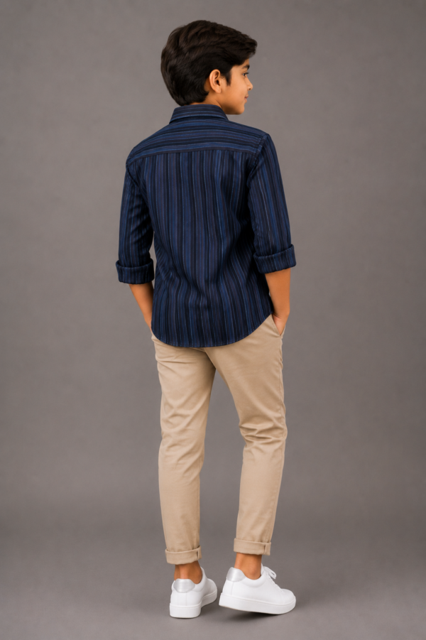 Boys' Navy Blue Vertical Striped Button-Down Shirt - Image 4
