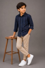 Boys' Navy Blue Vertical Striped Button-Down Shirt - Image 3