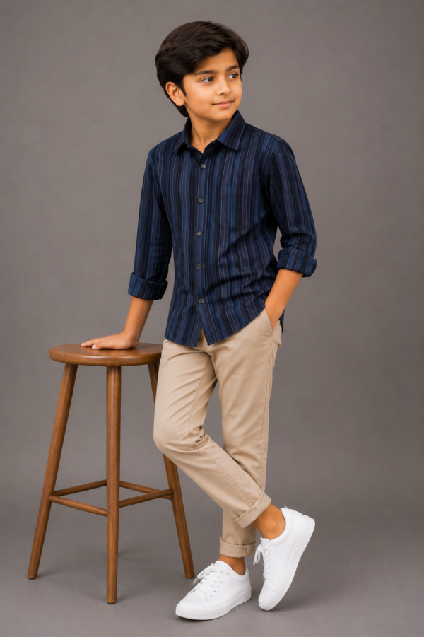 Boys' Navy Blue Vertical Striped Button-Down Shirt - Image 3