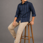 Boys' Navy Blue Vertical Striped Button-Down Shirt
