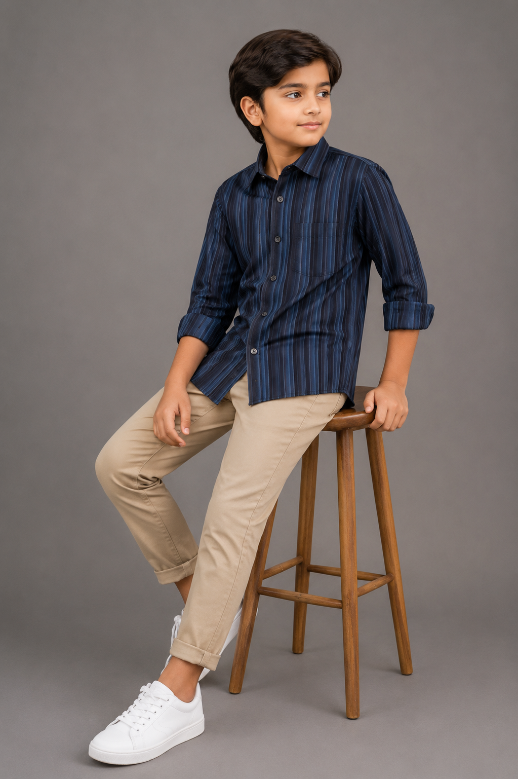 2026/06/1001401167.png Boys' Navy Blue Vertical Striped Button-Down Shirt - Image 1