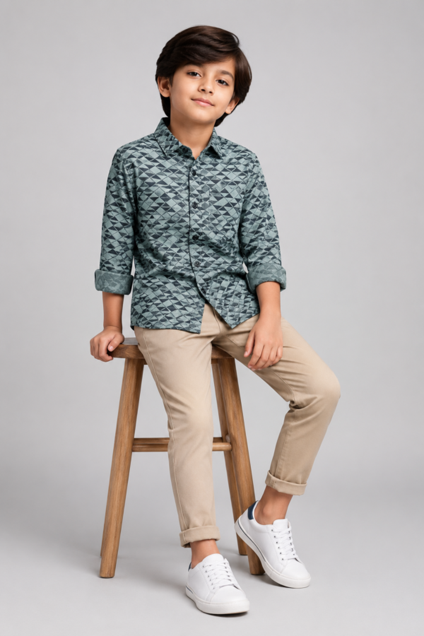 Boys' Modern Geometric Teal Print Long Sleeve Shirt - Image 3