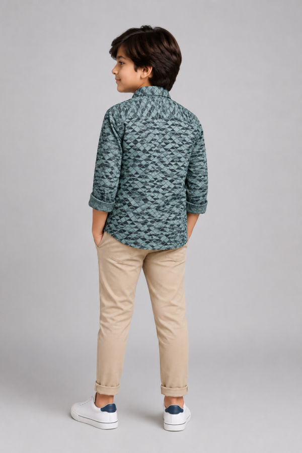 Boys' Modern Geometric Teal Print Long Sleeve Shirt - Image 4