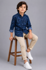 Boy's Stylish Navy Blue Abstract Print Long Sleeve Shirt