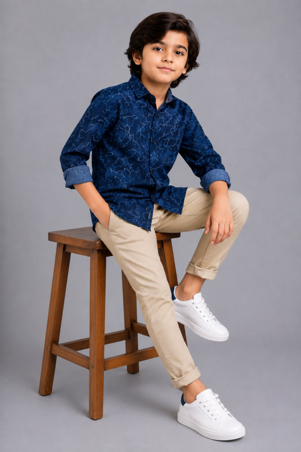 Boy's Stylish Navy Blue Abstract Print Long Sleeve Shirt - Image 3