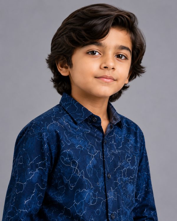 Boy's Stylish Navy Blue Abstract Print Long Sleeve Shirt - Image 4