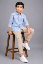 Boys' Blue Striped Floral Print Cotton Casual Shirt - Image 3