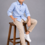 Boys' Blue Striped Floral Print Cotton Casual Shirt