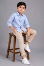 Boys' Blue Striped Floral Print Cotton Casual Shirt