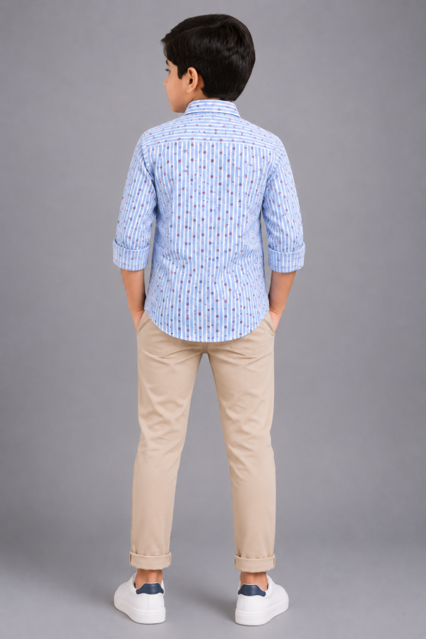Boys' Blue Striped Floral Print Cotton Casual Shirt - Image 2