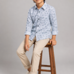 Boys' Sky Blue Leaf Print Casual Button-Up Shirt