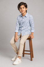 Boys' Sky Blue Leaf Print Casual Button-Up Shirt