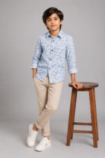 Boys' Sky Blue Leaf Print Casual Button-Up Shirt - Image 4