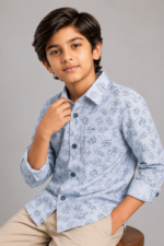Boys' Sky Blue Leaf Print Casual Button-Up Shirt - Image 3