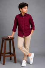 Stylish Boys' Burgundy Geometric Weave Long Sleeve Shirt