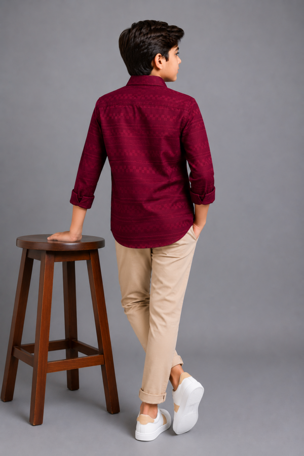 Stylish Boys' Burgundy Geometric Weave Long Sleeve Shirt - Image 4