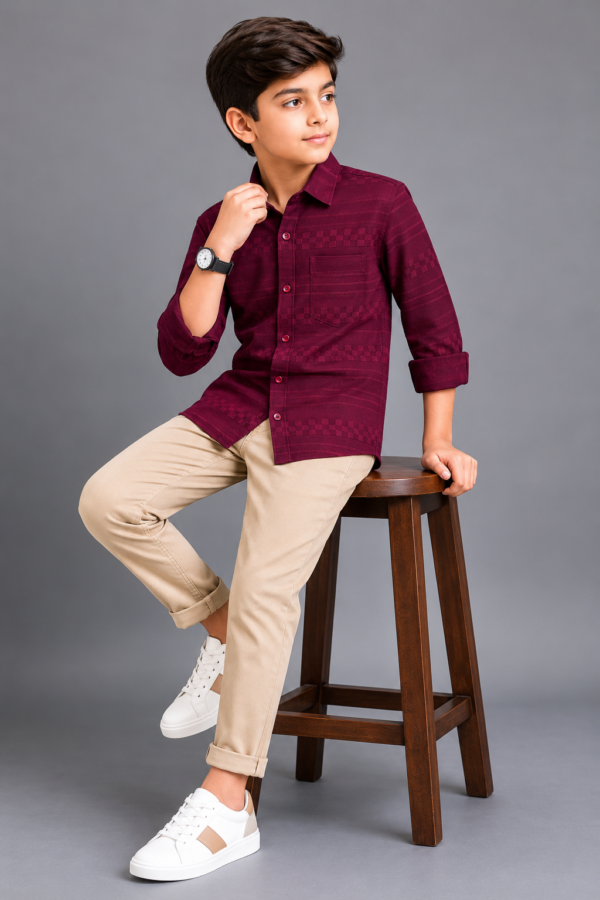 Stylish Boys' Burgundy Geometric Weave Long Sleeve Shirt - Image 2
