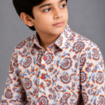 Boys' Festive Floral Print Long Sleeve Shirt with Red Buttons