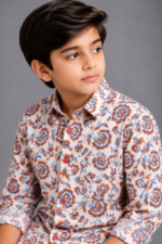 Boys' Festive Floral Print Long Sleeve Shirt with Red Buttons