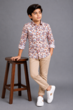 Boys' Festive Floral Print Long Sleeve Shirt with Red Buttons - Image 2