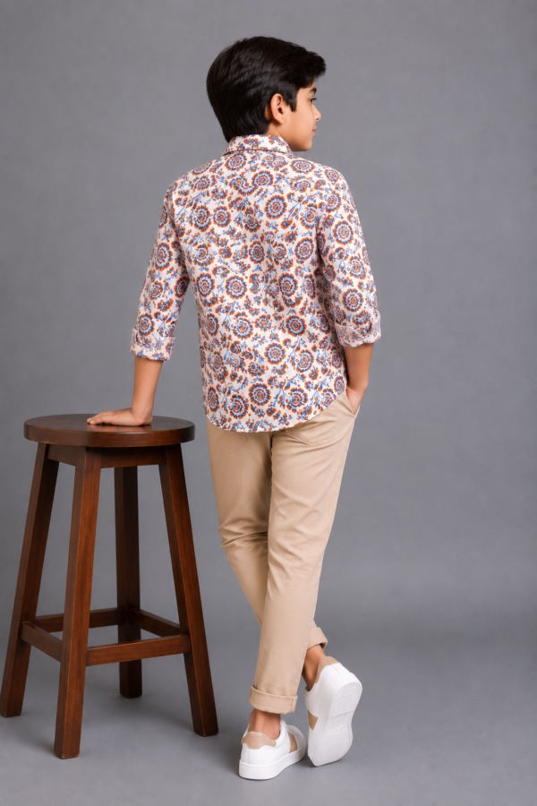 Boys' Festive Floral Print Long Sleeve Shirt with Red Buttons - Image 3