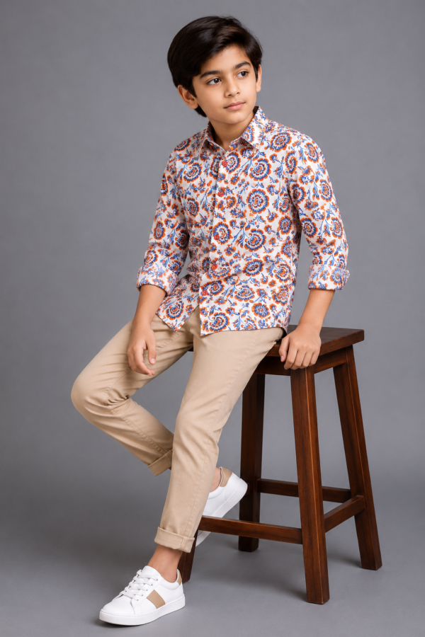 Boys' Festive Floral Print Long Sleeve Shirt with Red Buttons - Image 4