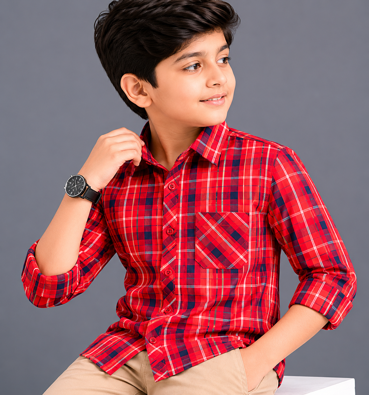 2026/06/1001404609.png Boys Red & Navy Plaid Long Sleeve Button-Up Shirt - Image 1