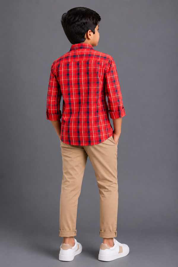 Boys Red & Navy Plaid Long Sleeve Button-Up Shirt - Image 2
