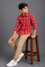 Boys Red & Navy Plaid Long Sleeve Button-Up Shirt - Image 4