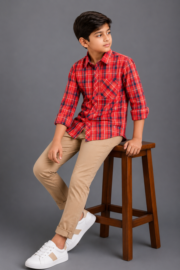 Boys Red & Navy Plaid Long Sleeve Button-Up Shirt - Image 4