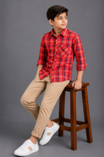 Boys Red & Navy Plaid Long Sleeve Button-Up Shirt - Image 3