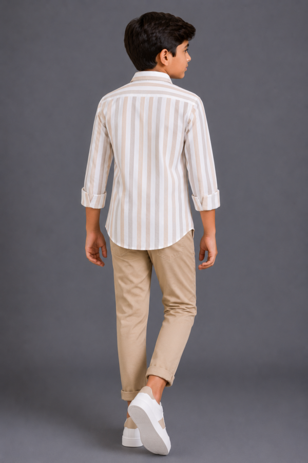 Boy's Classic Beige & White Striped Button-Down Shirt - Image 3